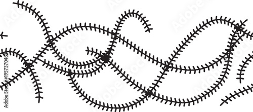 Hand-Drawn Stitching Lines and Swirl Patterns, Decorative Sewing Threads, Vector Embroidery Texture