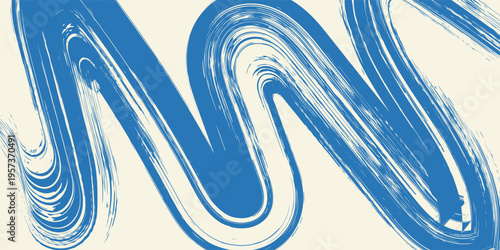 Grunge grainy blue brush stroke with spray texture. Hand drawn distress damaged vintage banner with zigzag bold line. Rough thick brush stroke texture. Spray paint effect vector background.