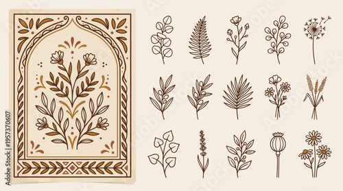 Vintage framed botanical illustration featuring a lush leafy tree and an array of delicate herb sketches in Victorian style.