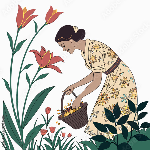 Woman planting flowers in garden with basket