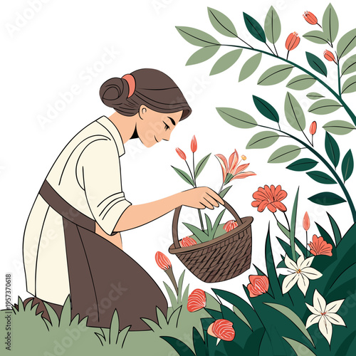 Woman holding basket and picking flowers garden