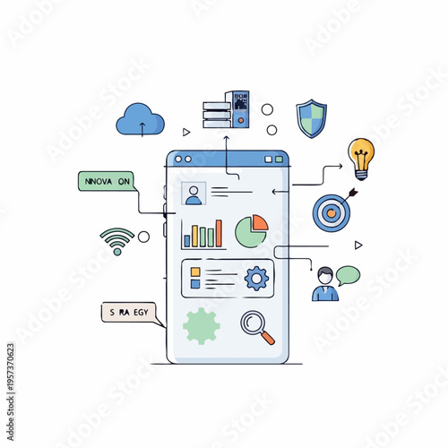 Mobile device with business analytics symbols.