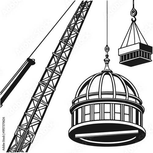 Crane placing dome on building construction architecture