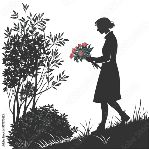 Silhouette of woman holding flowers garden outdoor