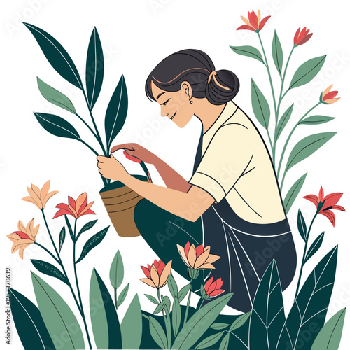 Woman potting plant in garden gardening