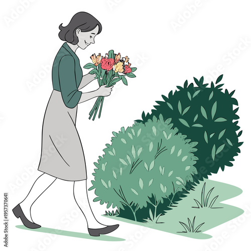 Woman walking with bouquet of flowers garden