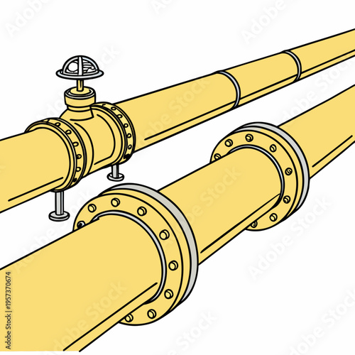 Industrial pipes with flanges and valve yellow pipes
