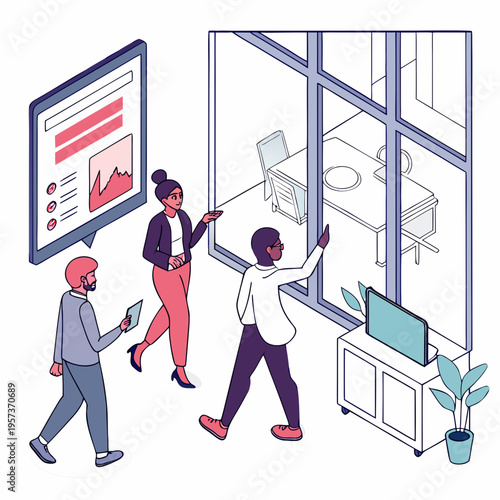 People walking in office with graphs on screens