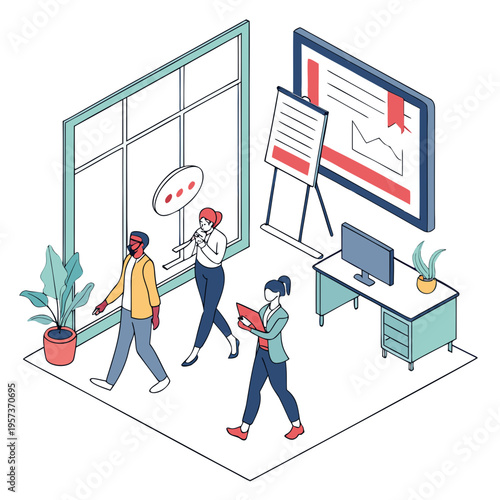 Office workers interacting with data on screens