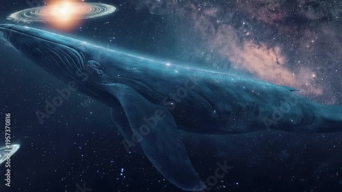 Majestic stellar whale gliding through the cosmos leaving a shimmering dust trail as it swims past distant galaxies in a surreal and enchanting space landscape.