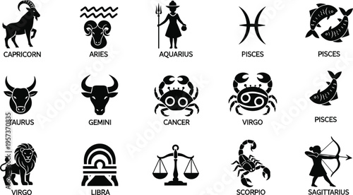 Collection of twelve black and white zodiac sign icons with names zodiac signs horoscope