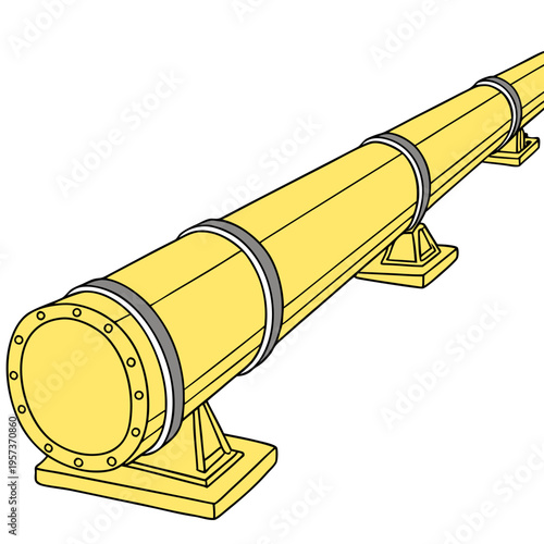 Yellow industrial pipe with flange and supports yellow pipe