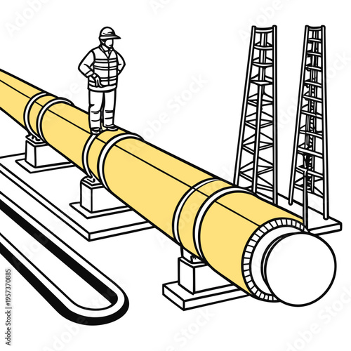 Industrial pipe with worker and towers construction site