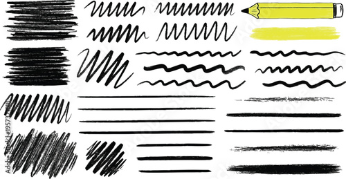 Hand-drawn sketch brush strokes and lines in various thicknesses and styles. Great for design accents, underline effects, and artistic text highlights