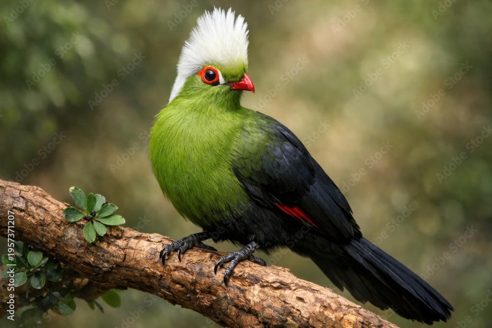 Obraz premium Vibrant White-Crested Turaco Bird Perched on a Branch in Lush Green Forest Environment
