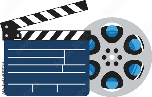 Film Production Vector Illustration with Clapperboard and Movie Reel, Cinema Industry Concept, Video Filmmaking Equipment and Entertainment Media Design