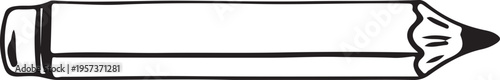 A clean, black-and-white hand-drawn outline of a classic pencil, showing the sharpened lead tip and eraser end.