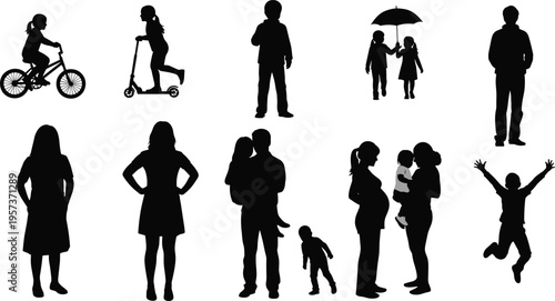 Diverse black silhouettes of people families and children engaged in various activities family