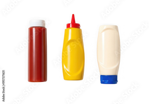 Three condiment bottles with ketchup, mustard and mayonnaise isolated on transparent background