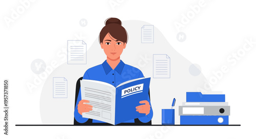 Businesswoman reading policy document at desk, compliance and rules concept