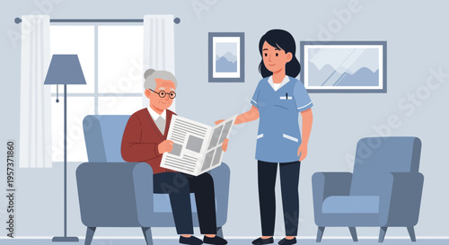 Caring nurse assisting elderly man reading newspaper at home, promoting well-being and companionship