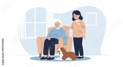 Caring caregiver with elderly man and dog in cozy living room, support and companionship