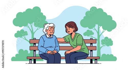 Caring young woman comforts elderly woman on park bench, outdoor support and companionship