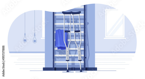 Crutches leaning on a shelf with blue clothing in a room with windows