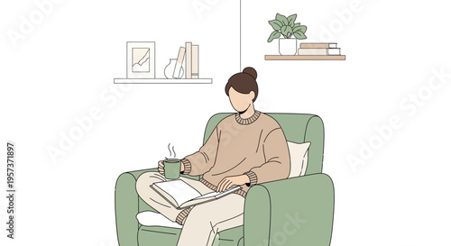 Cozy woman reading book and drinking coffee in armchair, relaxing at home