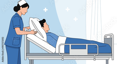 Nurse Adjusting Pillow for Patient Lying in Hospital Bed, Healthcare Concept