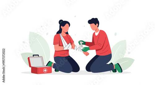 First Aid Assistance: Person Bandaging Injured Arm with First Aid Kit Nearby