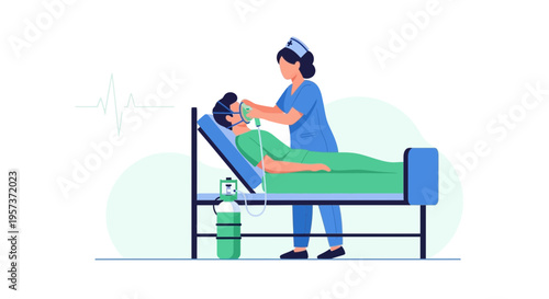 Nurse Administering Oxygen Therapy to Patient in Hospital Bed