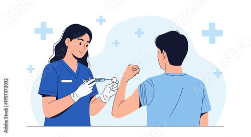 Nurse administering vaccine injection to patient's arm, healthcare concept