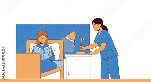 Nurse adjusting lamp for patient reading in hospital bed