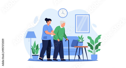 Nurse assisting elderly man with cane in cozy living room, home care concept