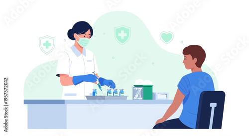 Nurse administering vaccine to patient in clinic, healthcare concept