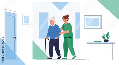 Nurse assisting elderly woman with cane in hallway, caregiving, support, health, home