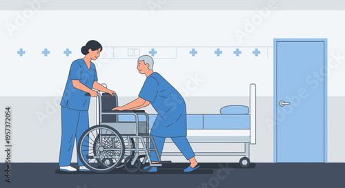 Nurse assisting elderly patient into wheelchair in hospital room with bed