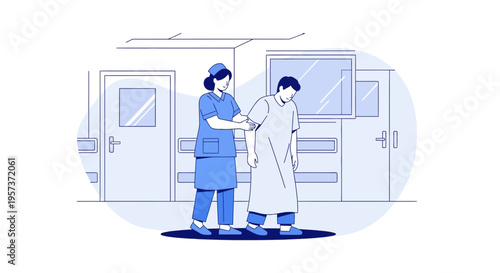 Nurse assisting patient walking in hospital corridor, healthcare support and recovery concept