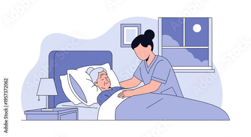 Nurse Caring for Elderly Patient in Bed at Night, Home Healthcare Concept