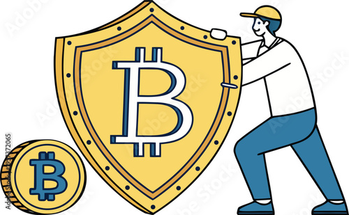 Vector illustration of man protecting bitcoin shield