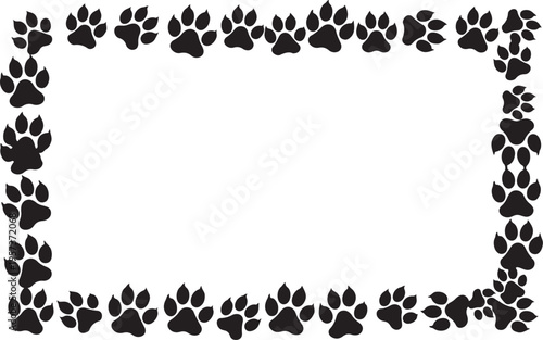A clean rectangular frame border composed of black animal paw prints, perfect for pet-related designs and animal themes.