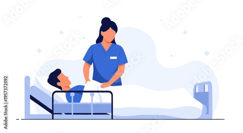 Nurse caring for patient in hospital bed, healthcare concept, medical assistance