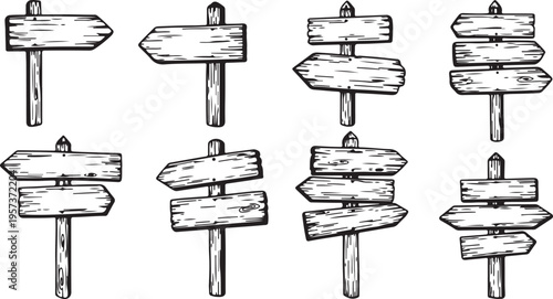 Set of old wooden blank cartoon sign boards, vector illustration