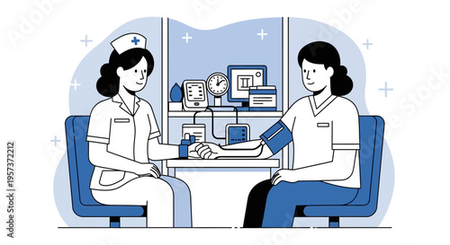 Nurse measuring patient's blood pressure in clinic, healthcare, medical checkup concept