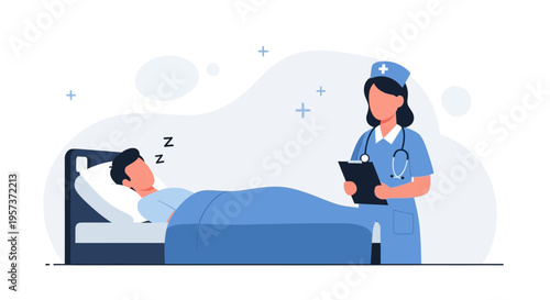 Nurse monitoring sleeping patient in hospital bed, healthcare concept