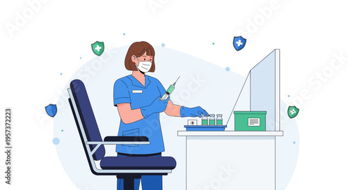 Nurse preparing vaccine injection with medical supplies and protective shields