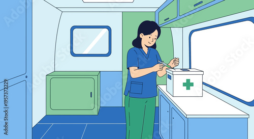 Nurse preparing injection in mobile clinic van, medical aid concept
