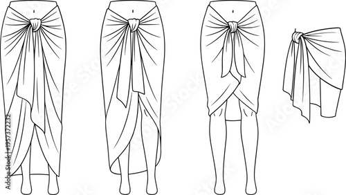 Four black line drawings of sarongs tied at the waist skirt beachwear