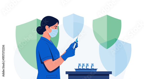 Nurse preparing vaccine injection with shields protecting against virus